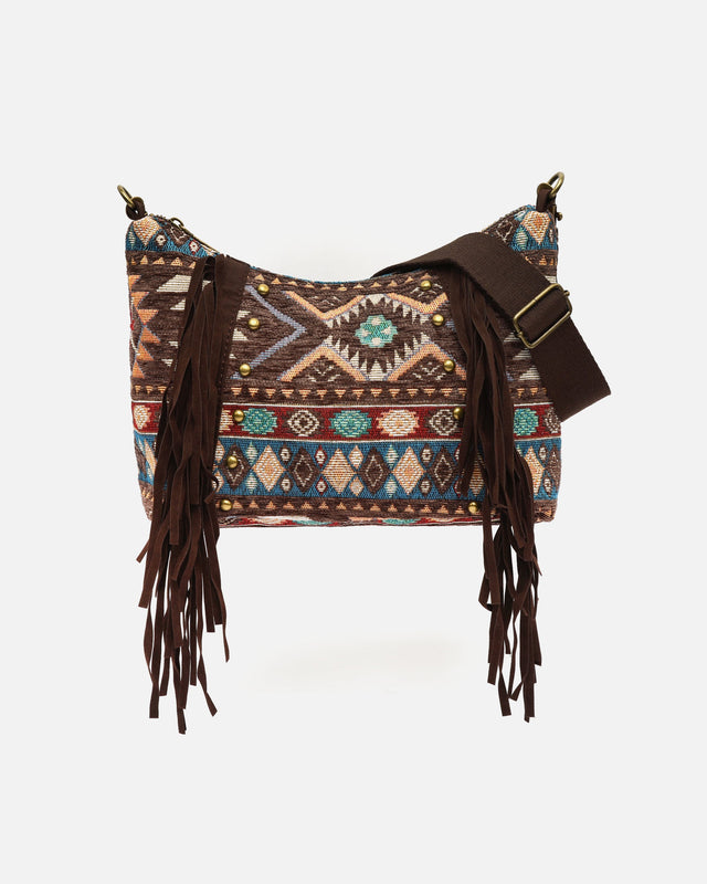 Vana bolso bandolera jacquard con flecos y detalles metálicos