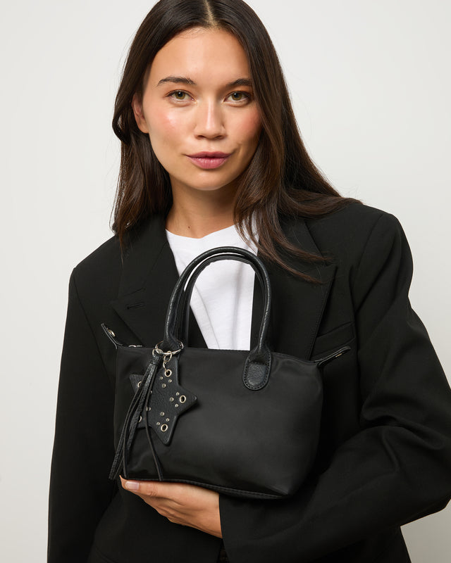 Cloti nylon tote bag with removable shoulder strap and hanging detail